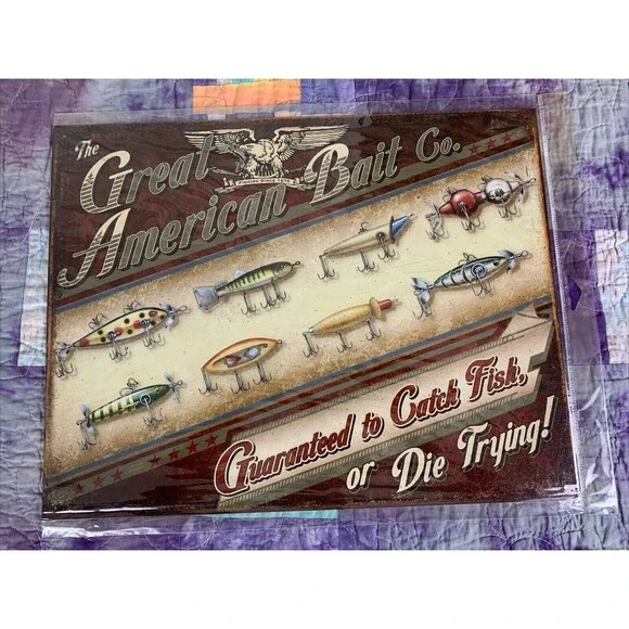 Great American Bait Catch Fish Or Die Trying TIN SIGN 16x12.5 Cabin Poster Decor - Picture 1 of 3